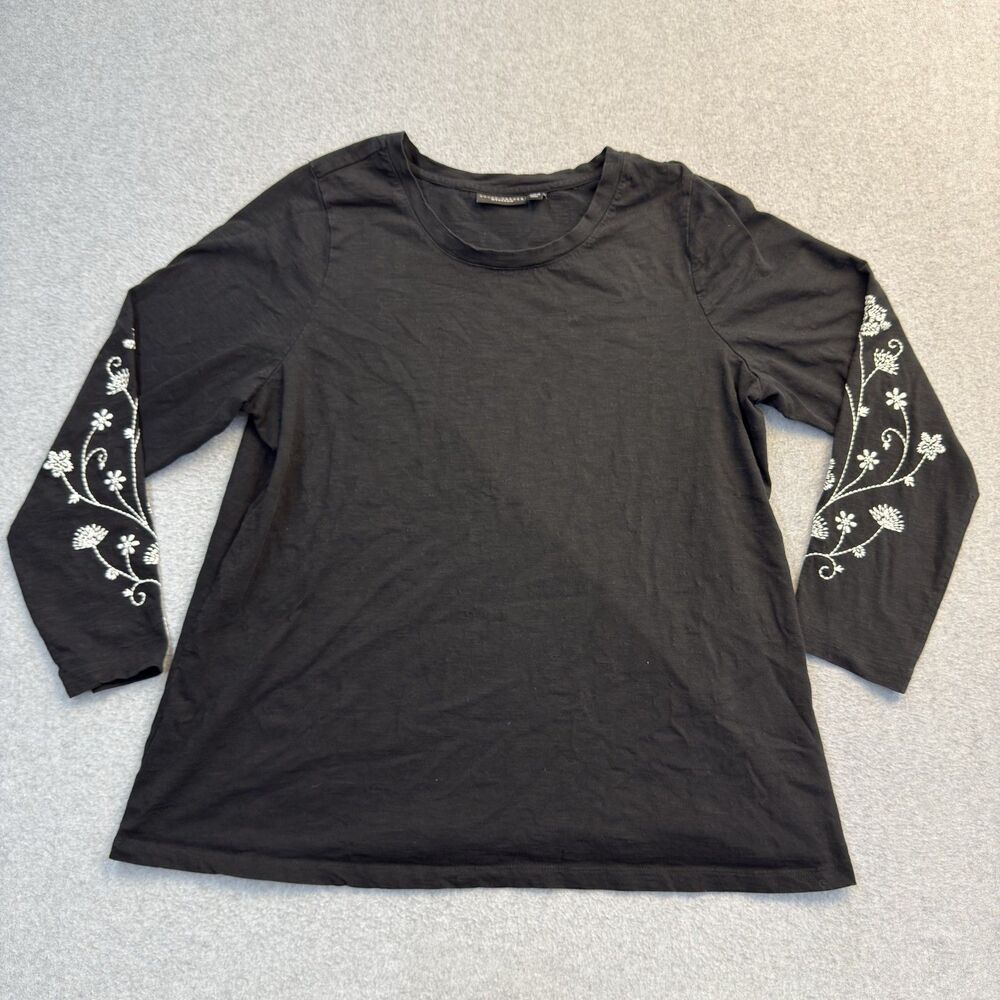 Susan Graver Weekend Womens 1X Black 100% Cotton Top Embroidered Long Sleeve